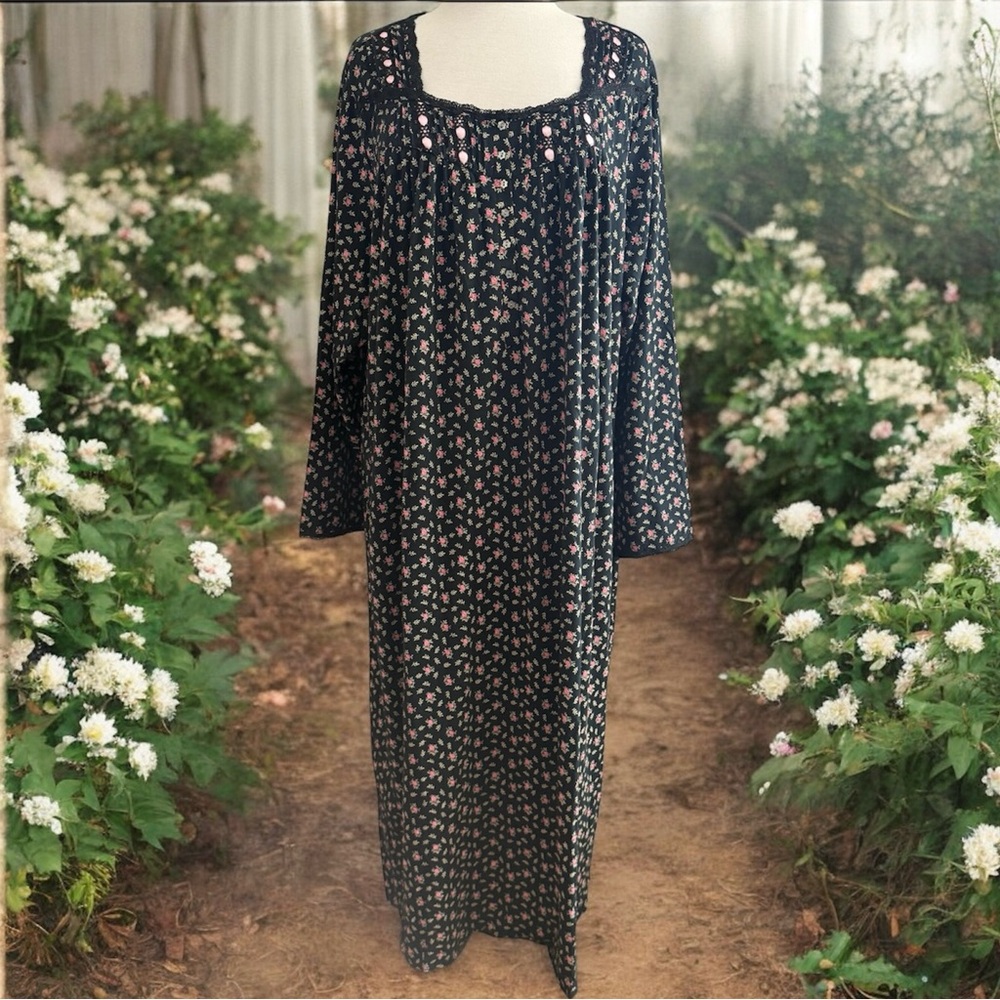 SOLD NWT EILEEN WEST Black Pink Floral Nightgown Embroidered Lace Maxi Granny 2X